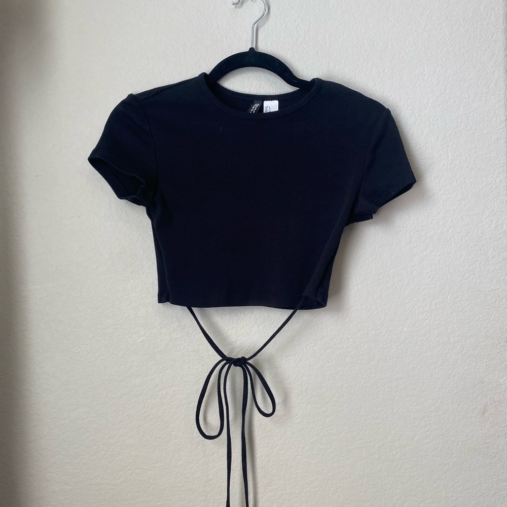 Black ribbed wrap around tie crop top - size S